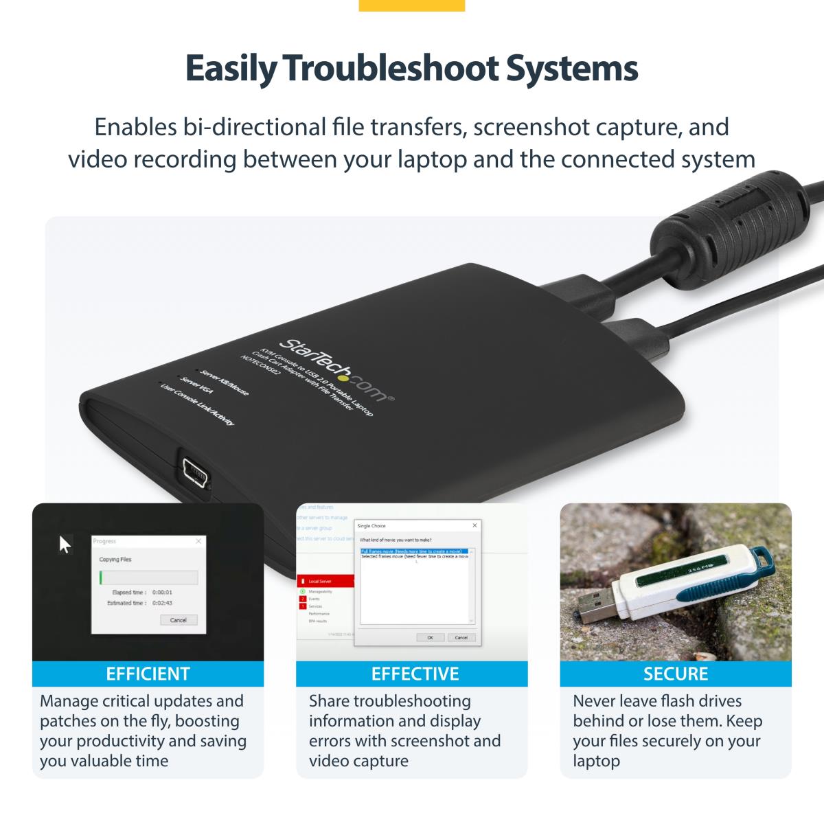 KVM Console To Laptop USB 2.0 Portable Crash Cart Adapter With File Transfer