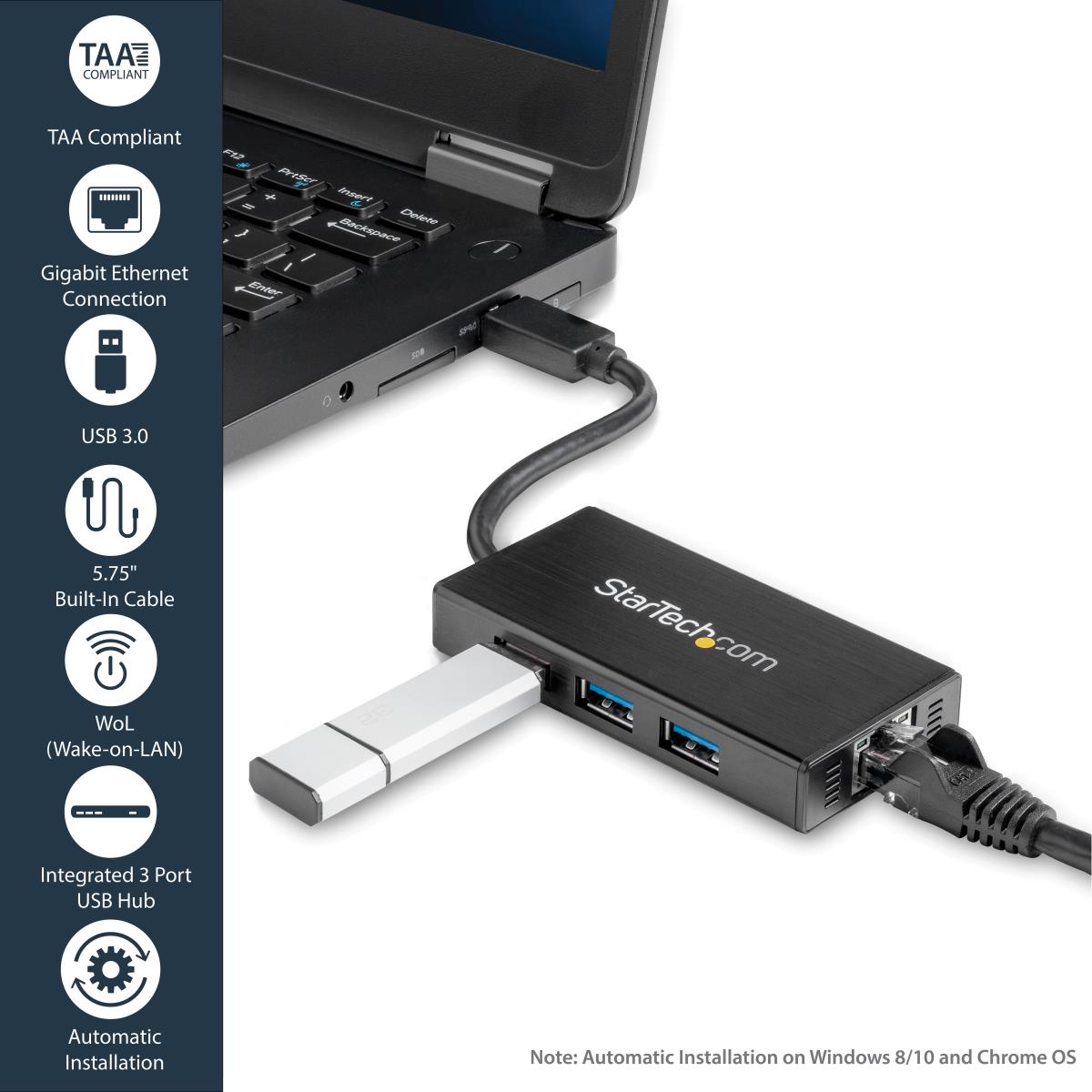 USB 3.0 Hub 3port With Gbe Adapter Nic - Aluminum W/ Cable