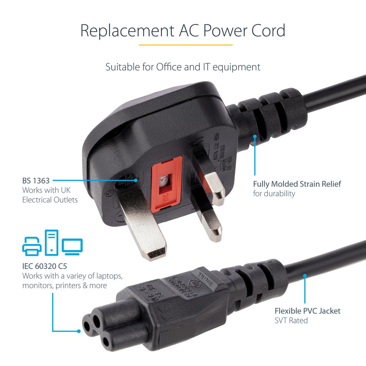 Laptop Power Cord - 3 Slot For Uk - Bs-1363 To C5 Clover Leaf Power Cable Lead 2m