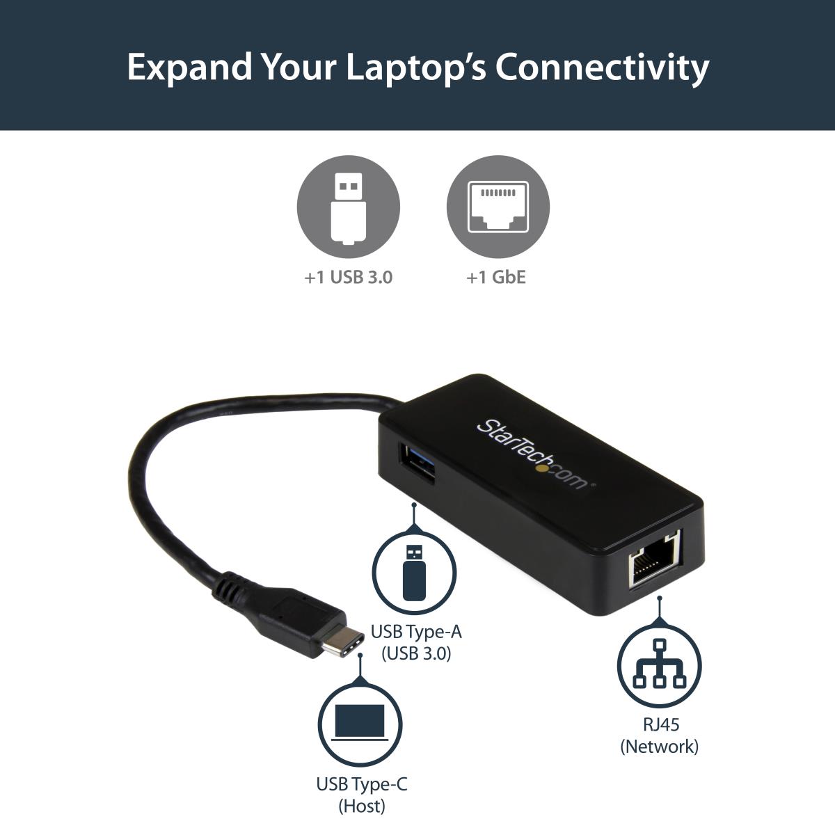 USB-C To Gigabit Network Adapter With Extra USB 3.0 Port