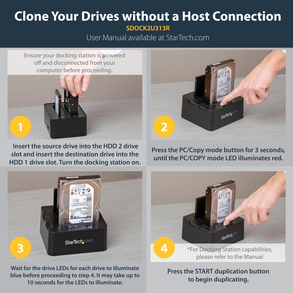 Dock - Standalone Duplicator USB 3.1 (10gbps) For 2.5in & 3.5in SATA SSD/HDD Drives - HDD Cloner
