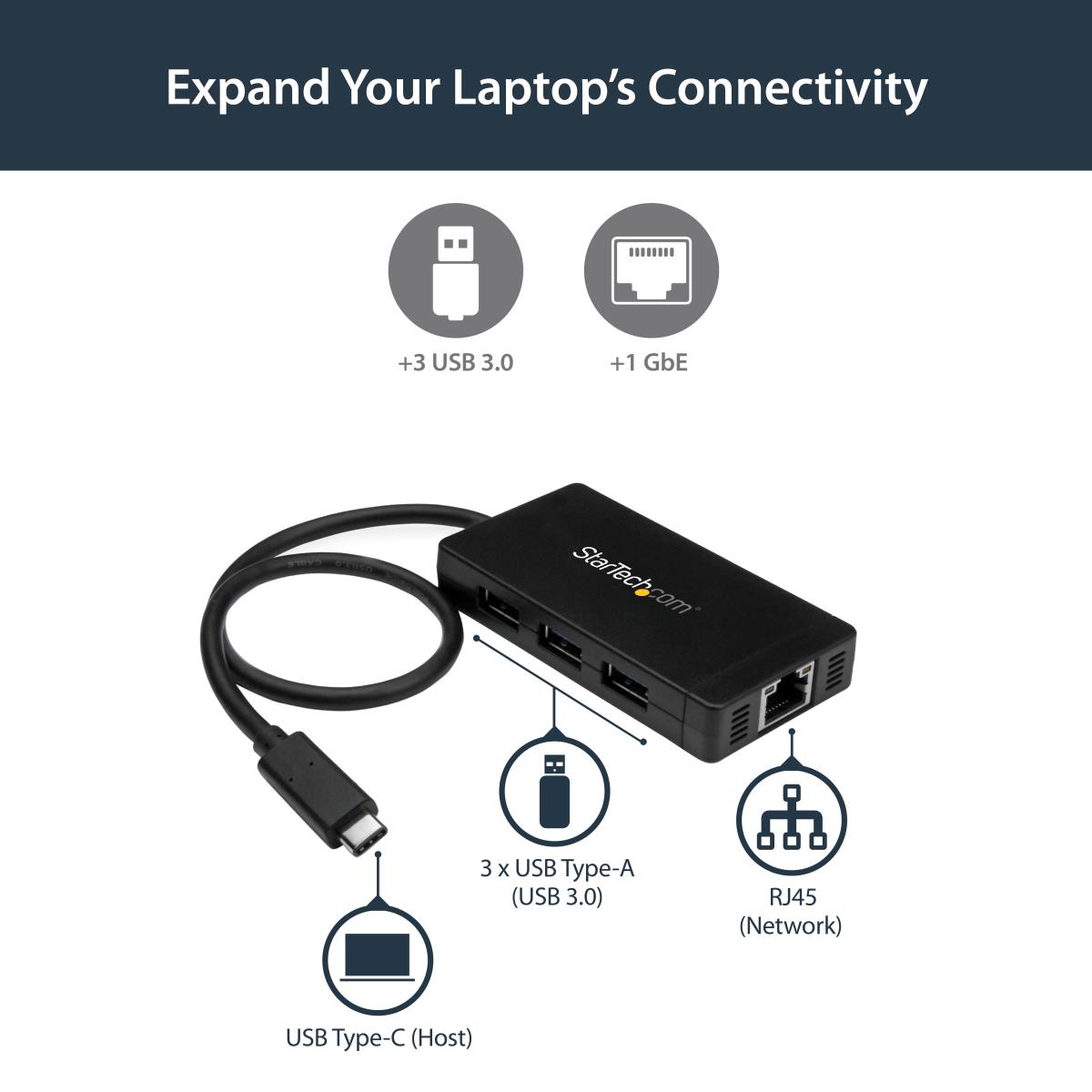 Hub Plus 3-port USB 3.0 Gigabit Ethernet - USB-C - Includes Power Adapter Black