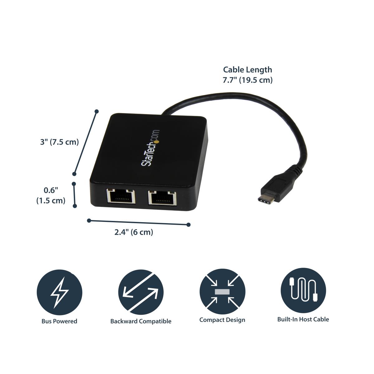 USB-c To Dual Gigabit Ethernet Adapter With USB (type-a) Port