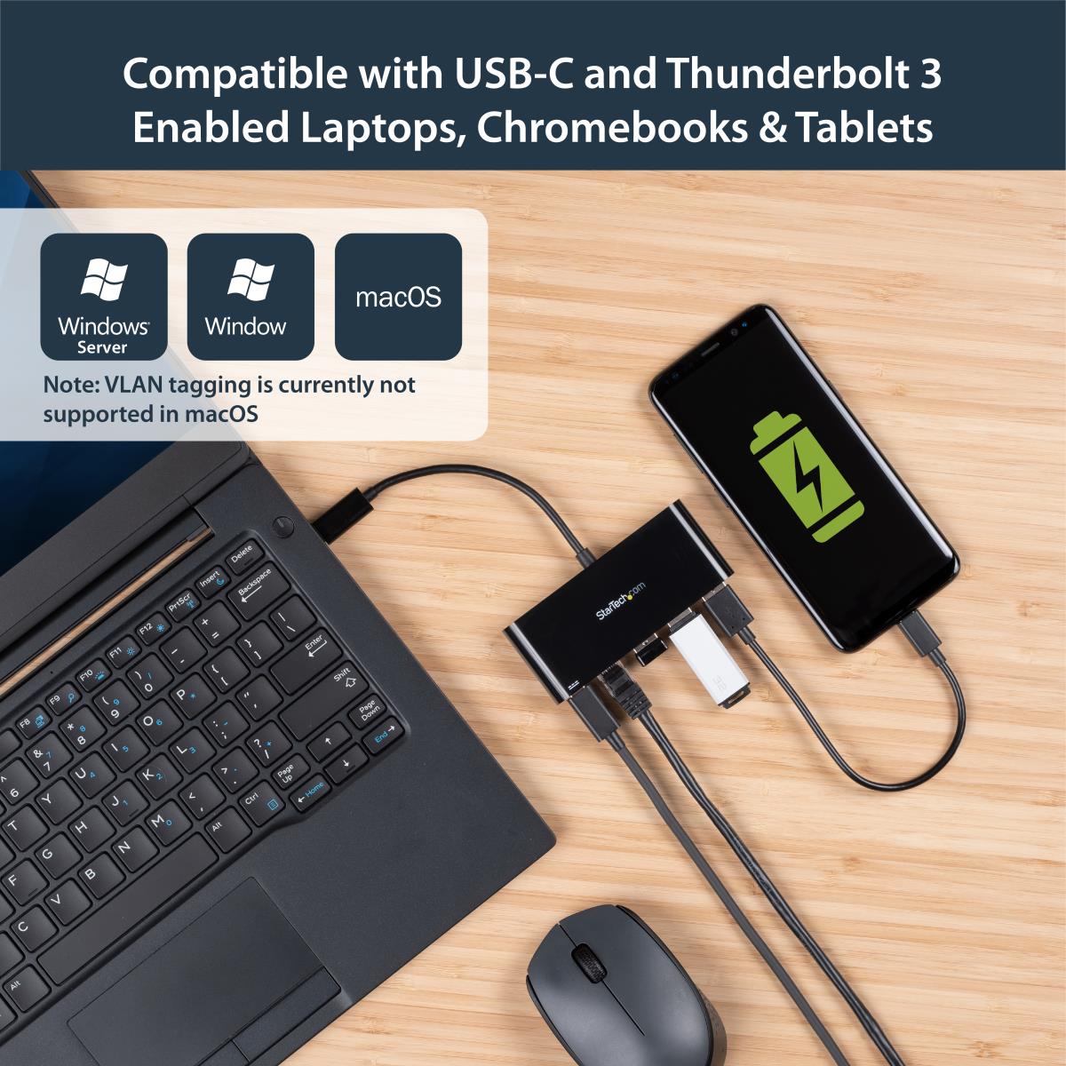 USB-c To Ethernet Adapter With 3-port USB 3.0 Hub And Power Delivery