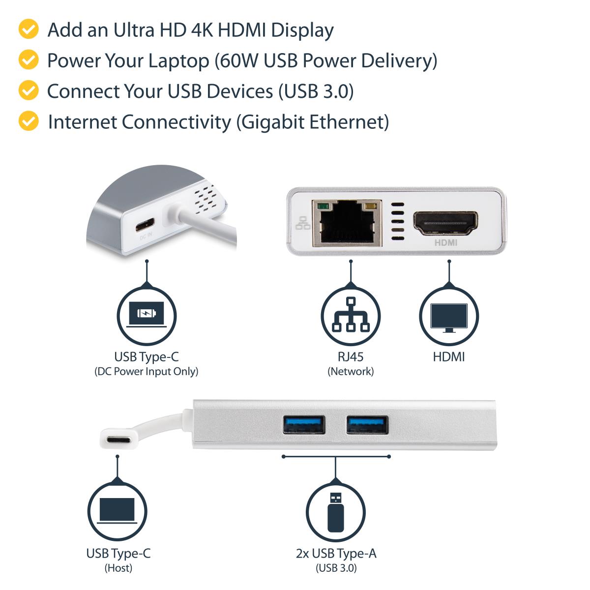 Docking Station - USB-c Multiport Adapter For Laptops - Power Delivery - 4k Hdmi - Gbe - USB 3.0 - Silver & White