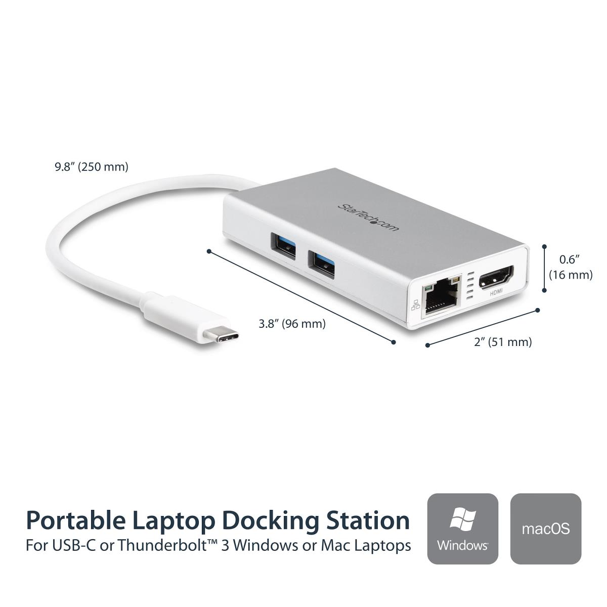 Docking Station - USB-c Multiport Adapter For Laptops - Power Delivery - 4k Hdmi - Gbe - USB 3.0 - Silver & White