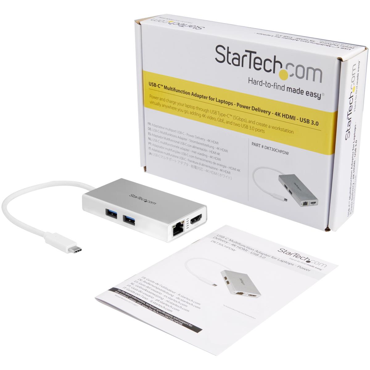 Docking Station - USB-c Multiport Adapter For Laptops - Power Delivery - 4k Hdmi - Gbe - USB 3.0 - Silver & White