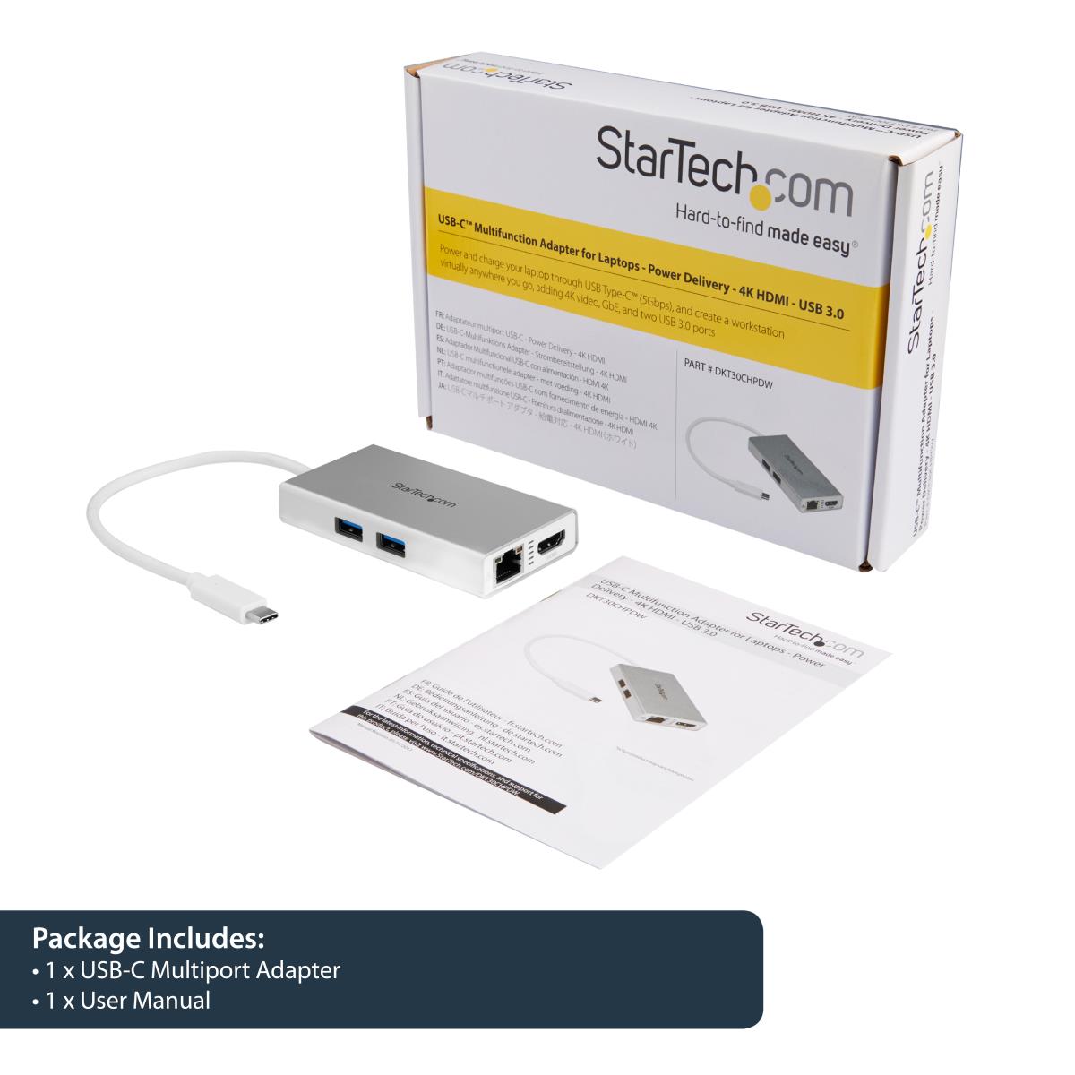 Docking Station - USB-c Multiport Adapter For Laptops - Power Delivery - 4k Hdmi - Gbe - USB 3.0 - Silver & White