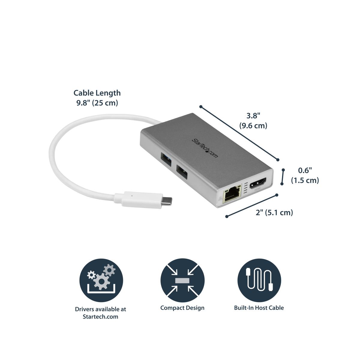 Docking Station - USB-c Multiport Adapter For Laptops - Power Delivery - 4k Hdmi - Gbe - USB 3.0 - Silver & White