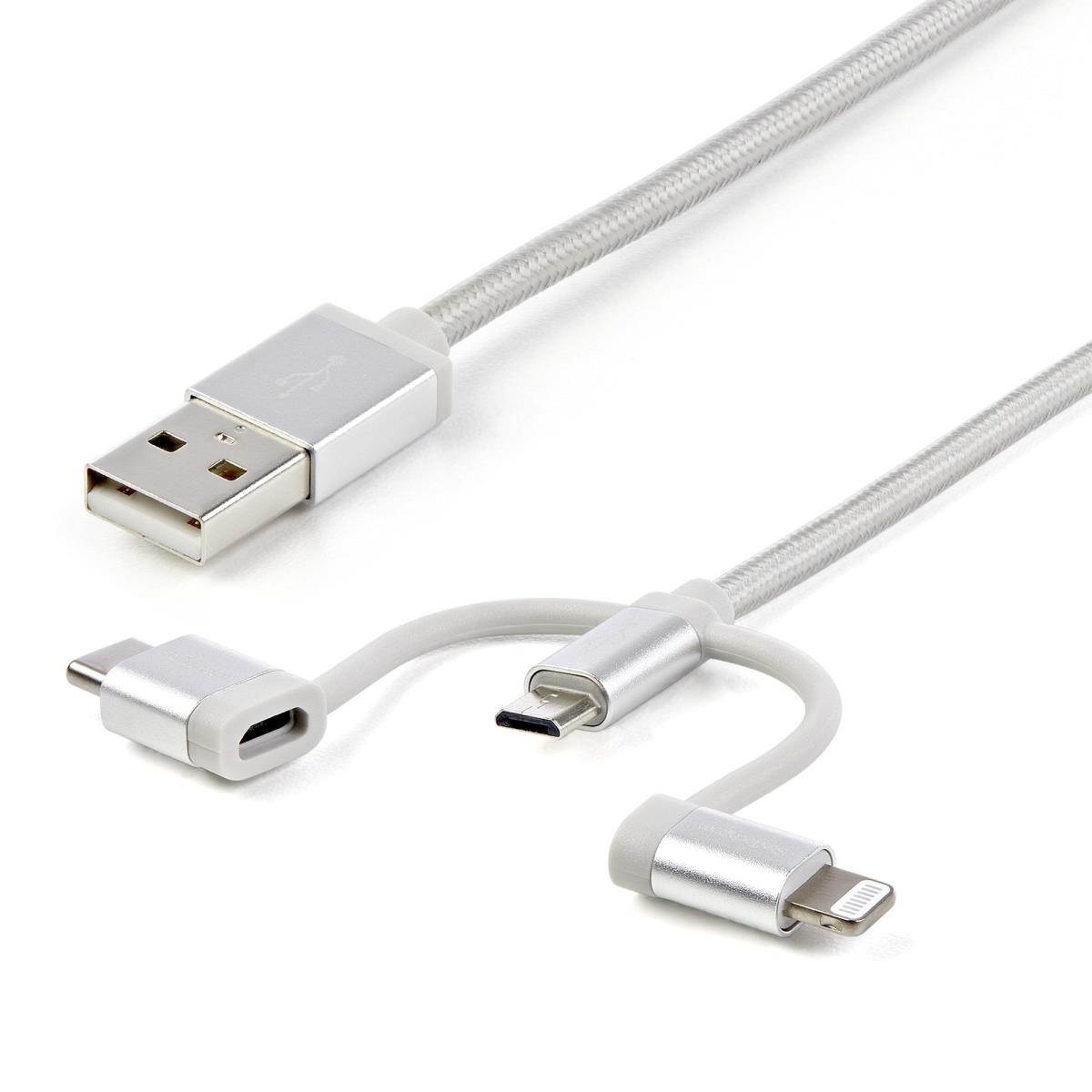 Braided Multi-charger Cable - USB-a To Lightning/ USB-c/micro-b - Silver Grey - 1m