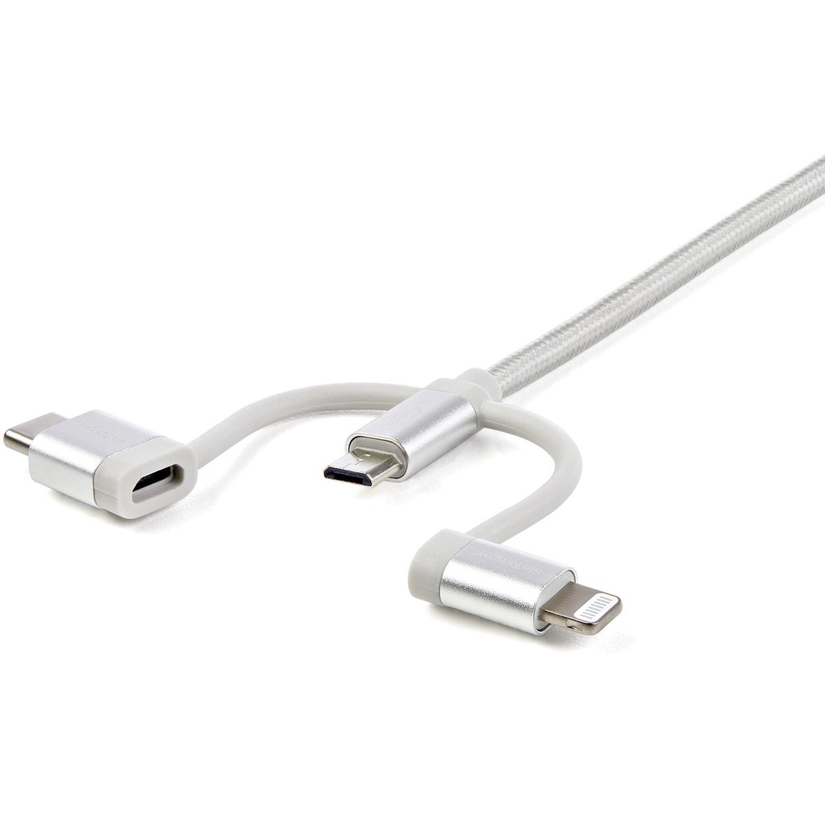 Braided Multi-charger Cable - USB-a To Lightning/ USB-c/micro-b - Silver Grey - 1m