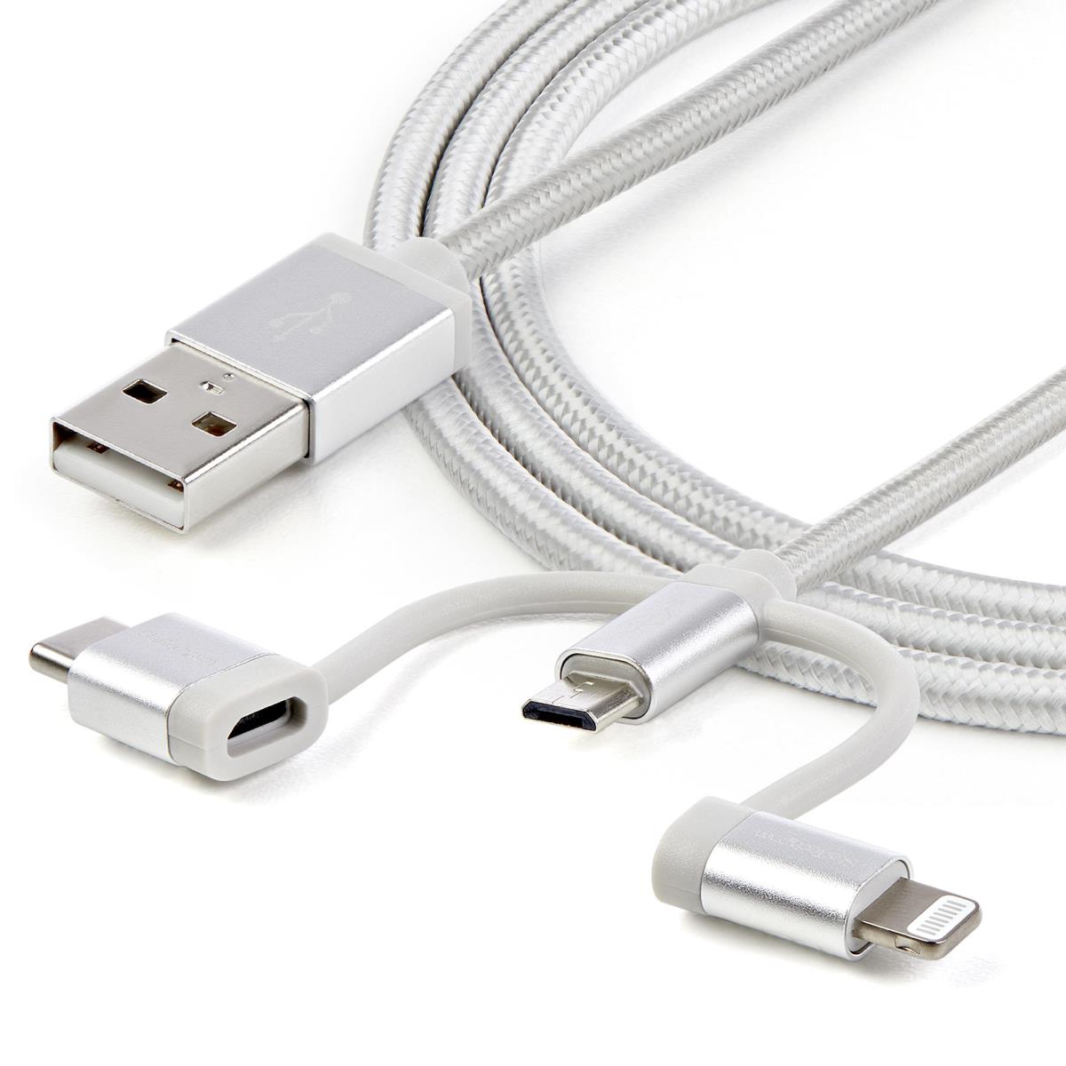 Braided Multi-charger Cable - USB-a To Lightning/ USB-c/micro-b - Silver Grey - 1m
