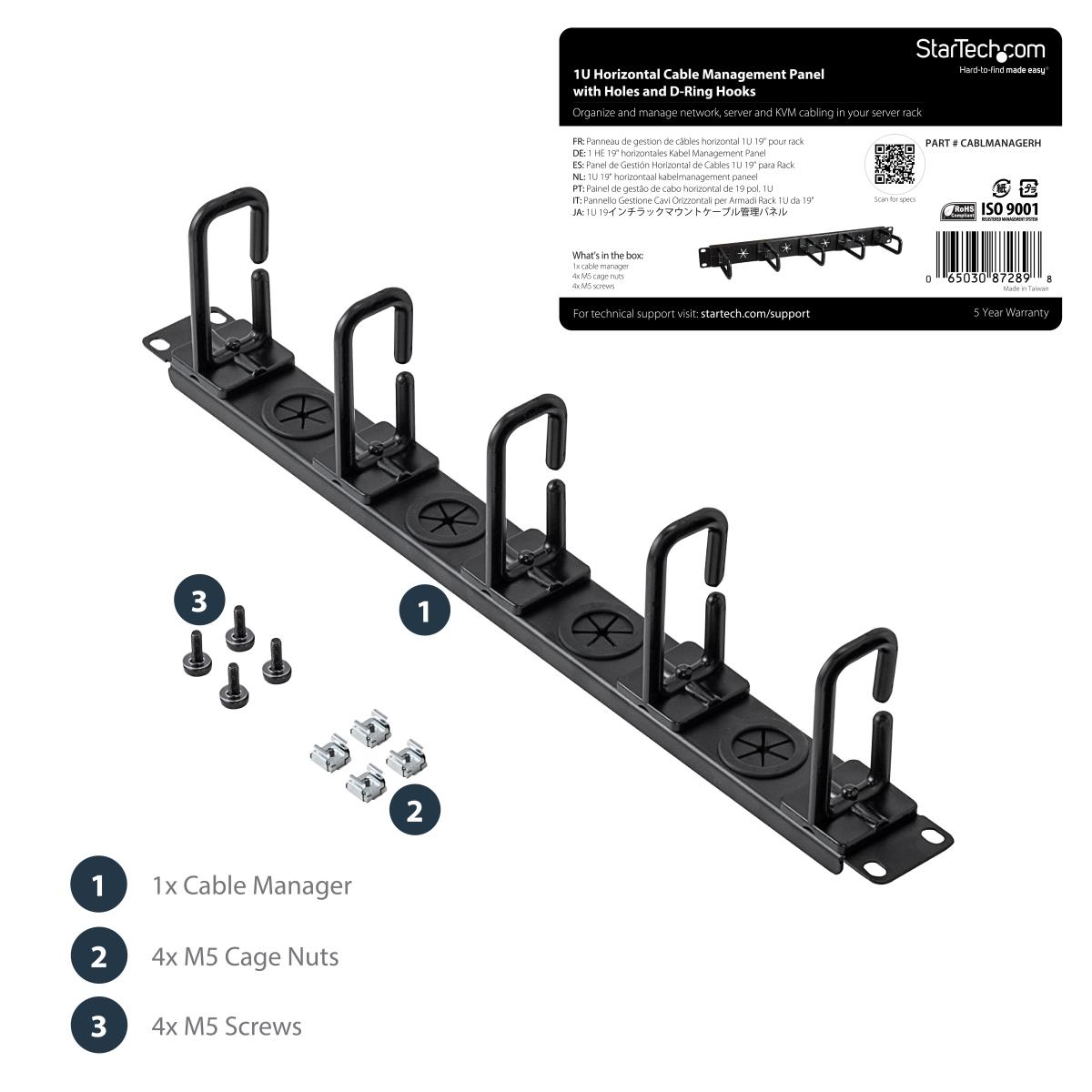 Cable Manager - Cable Organizer D-ring Hooks - Holes - 1u