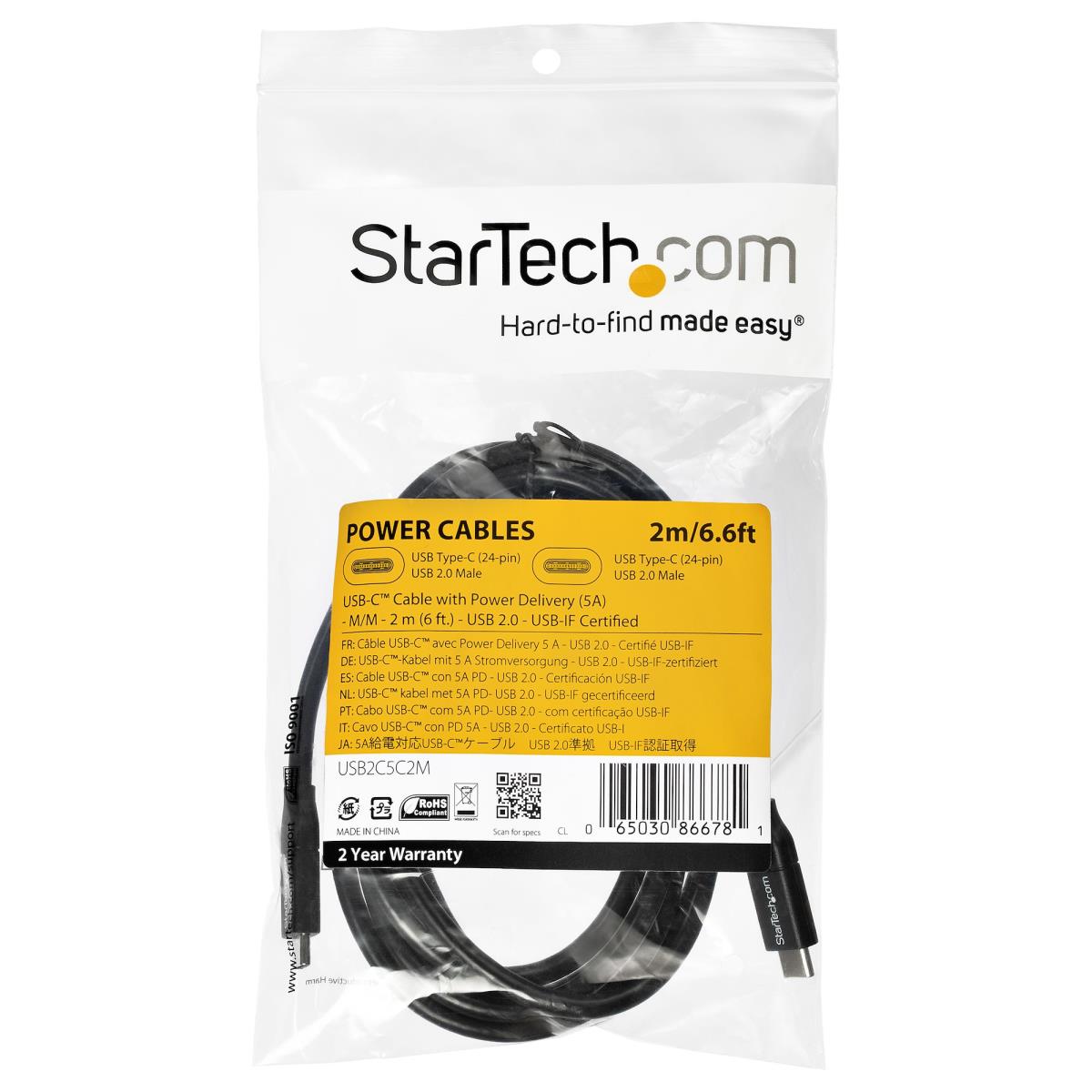 USB-c To USB-c Cable W/ 5a Pd - M/m USB 2.0 - USB-if Certified - 2m