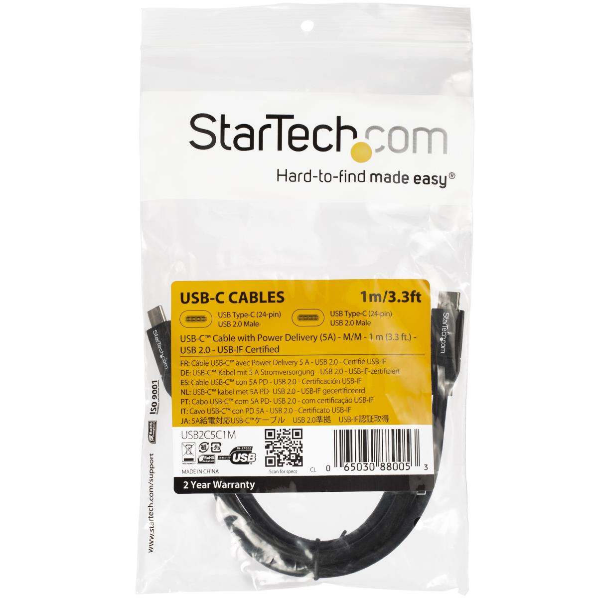 USB-c To USB-c Cable W/ 5a Pd - M/m USB 2.0 - USB-if Certified - 1m