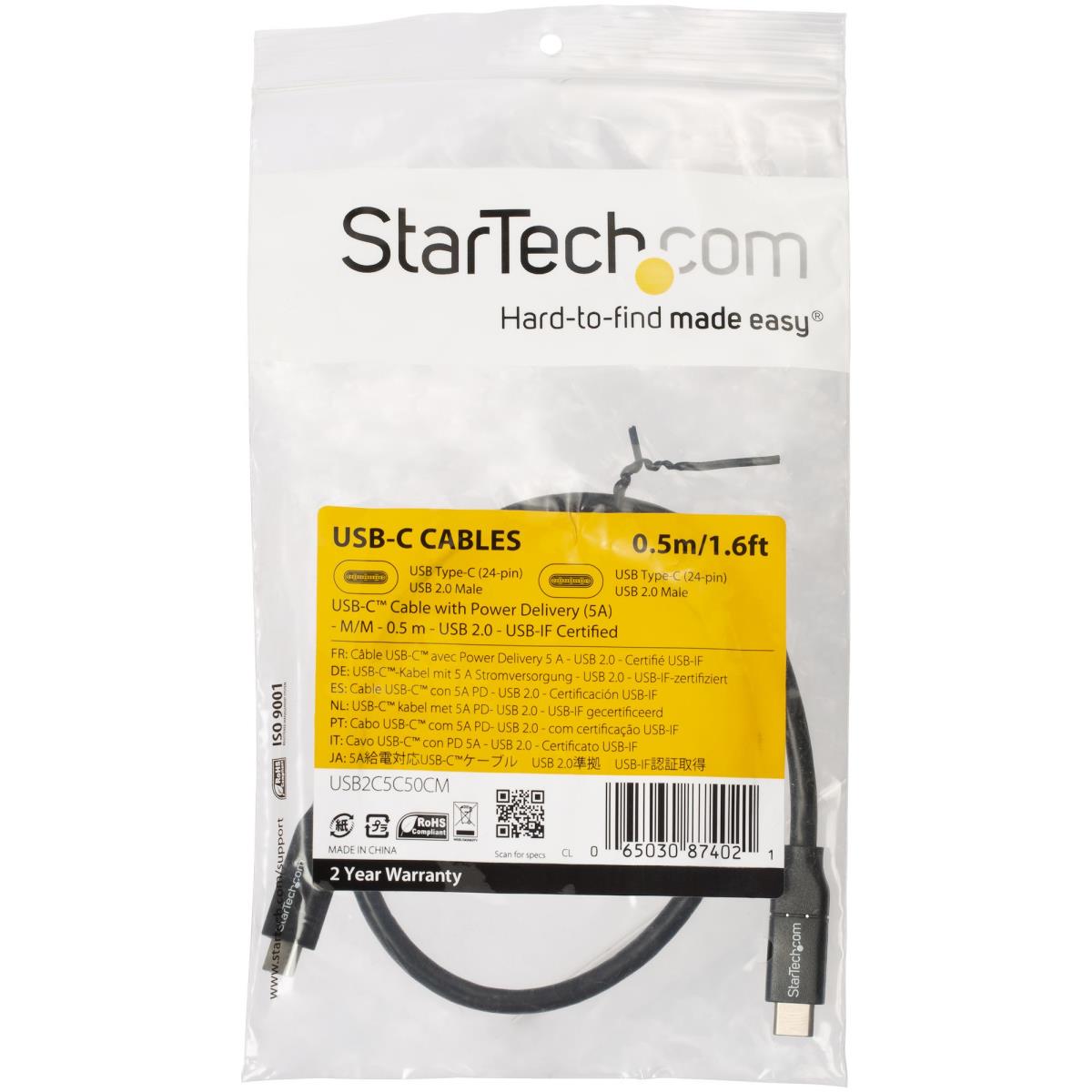 USB-c To USB-c Cable W/ 5a Pd - M/m USB 2.0 - USB-if Certified - 0.5m
