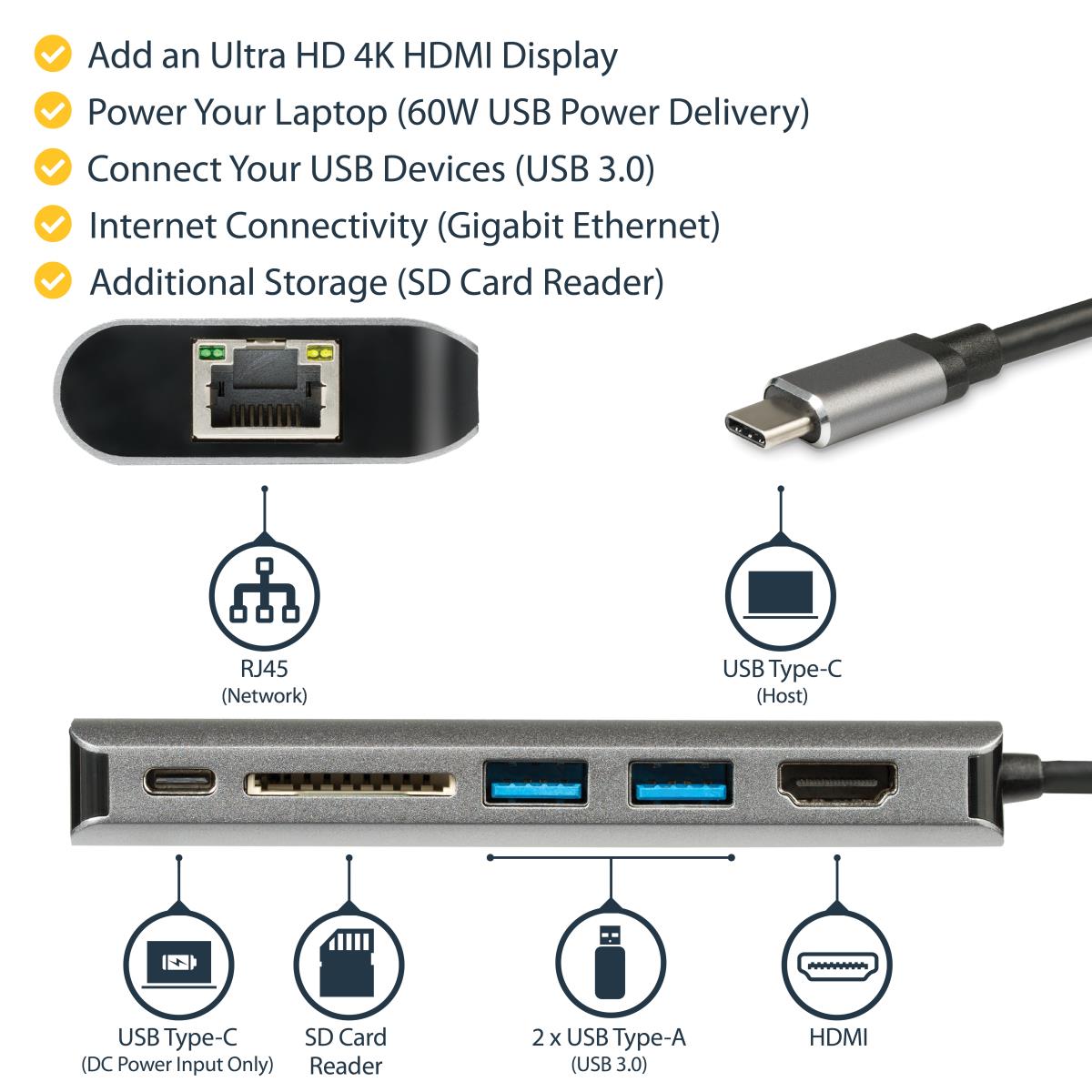 USB-c Multiport Adapter - Hdmi 4k - 2xa 1xc - Sd Reader - Pd 3.0