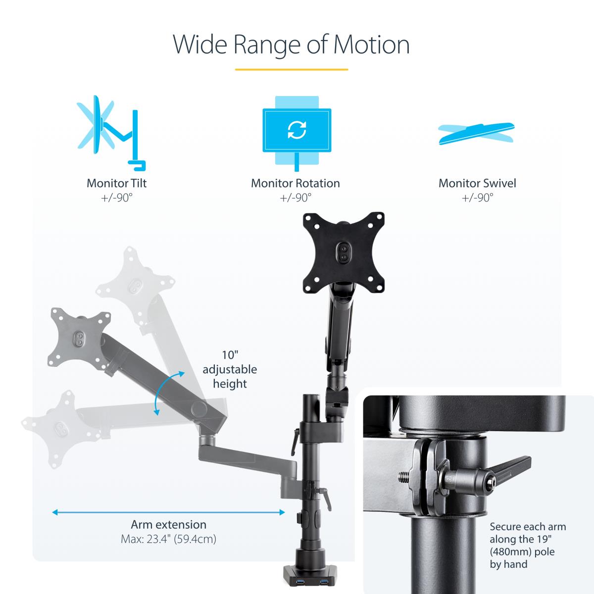 Desk Mount Monitor Arm Articulating - 2x USB 3.0