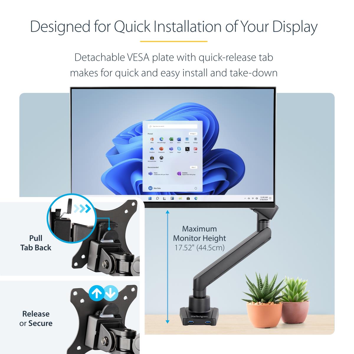 Single Desk Mount Monitor Arm 2 Built-in USB 3.0 Ports - Vesa