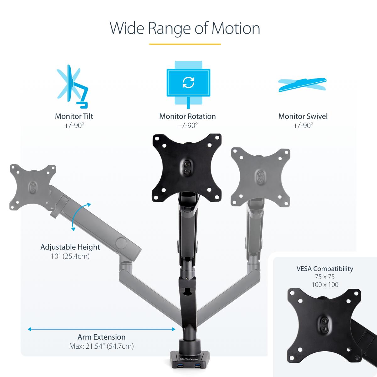 Single Desk Mount Monitor Arm 2 Built-in USB 3.0 Ports - Vesa