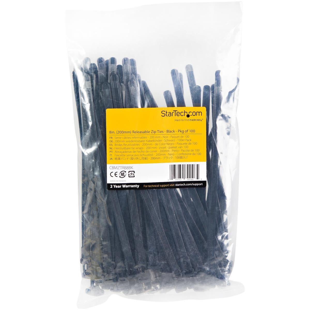 Resealable Zip Ties 8in Black 100 Pk