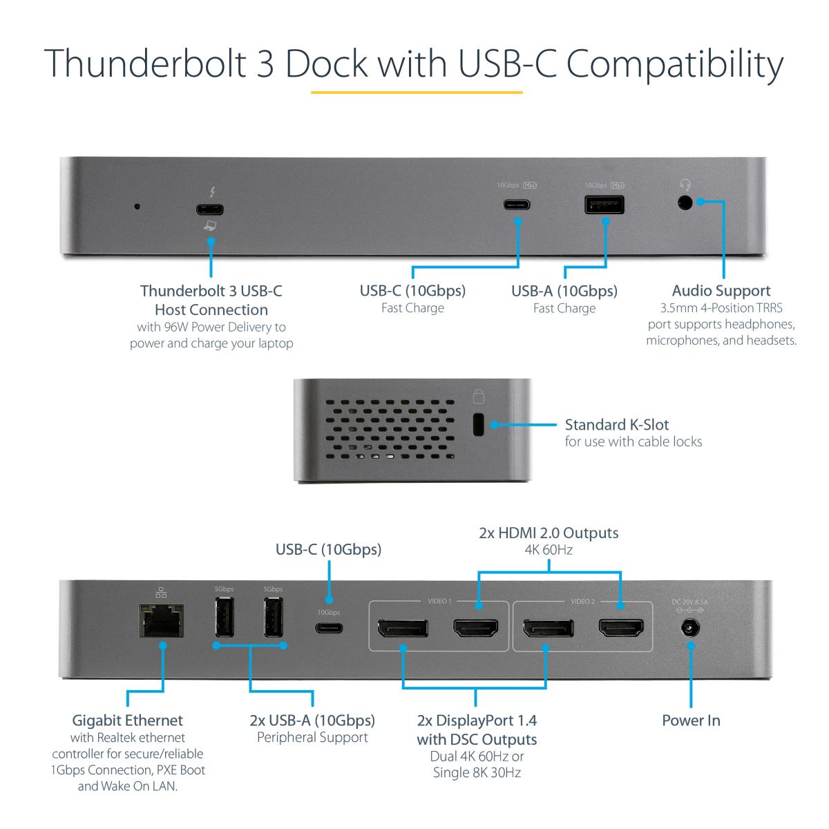 Laptop Docking Station - Thunderbolt 3 Dock W/ USB-c Host Compatibility - Dual 4k 60hz DisplayPort 1.4 Or Dual Hdmi Monitors