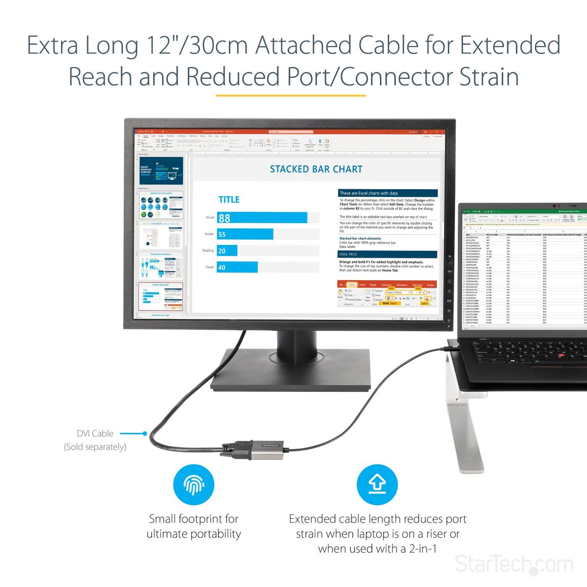 USB C To DVI Adapter 1920x1200p With 12 Long Attached Cable