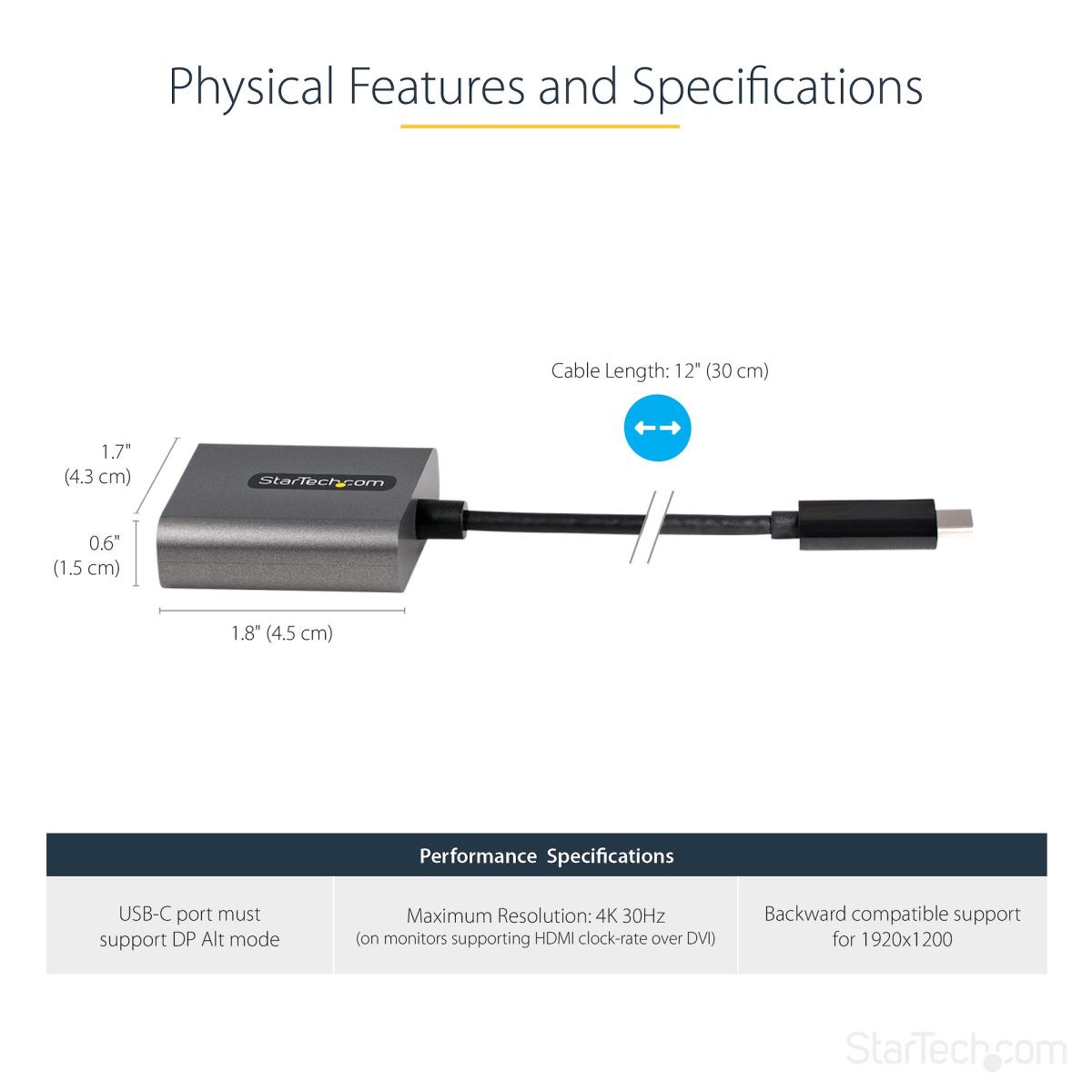 USB C To DVI Adapter 1920x1200p With 12 Long Attached Cable