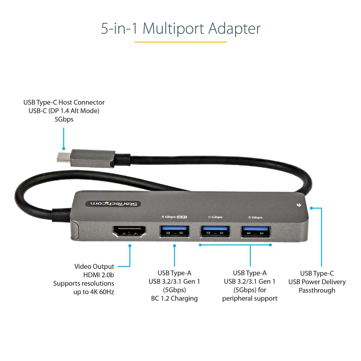 USB C Multiport Adapter Hdmi 4k 60hz/100w Pd/4xUSB