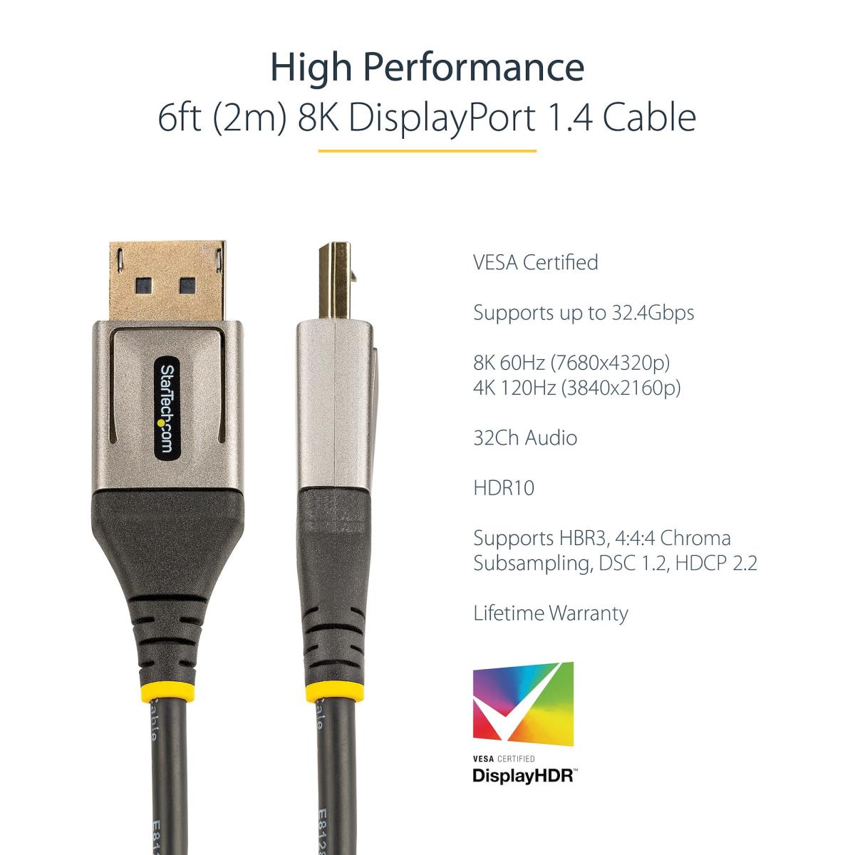 DisplayPort To DisplayPort Cable - M/ M - Vesa Certified DisplayPort 1.4 Cable - 8k 60hz Hdr10 - 2m