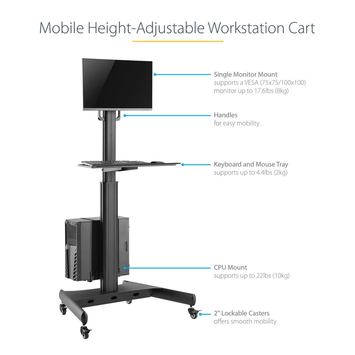 Mobile Workstation Cart With Monitor Mount And Cpu Holder