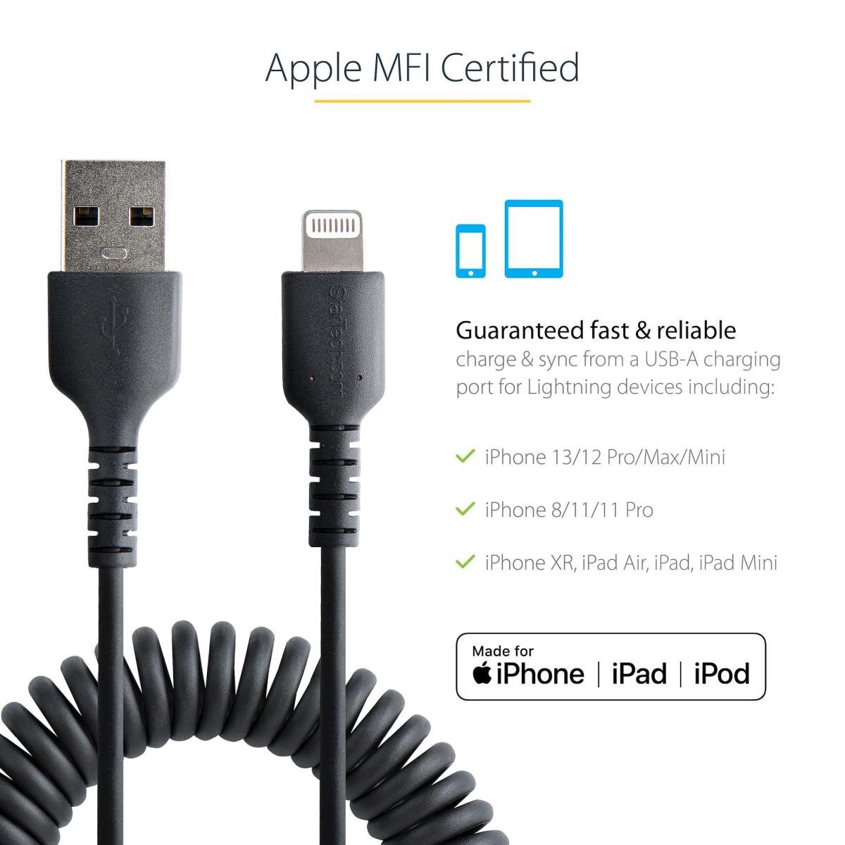 USB To Lightning Cable - Coiled Cable - 1m Black