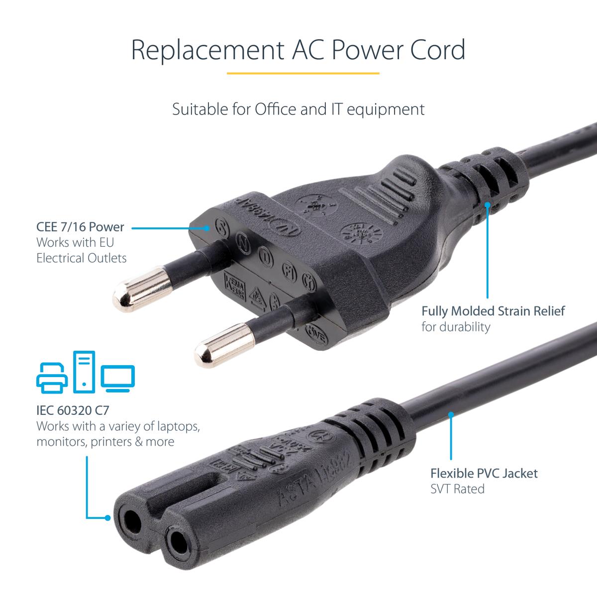 Laptop Power Cord - Plug To C7 - 18awg 2m