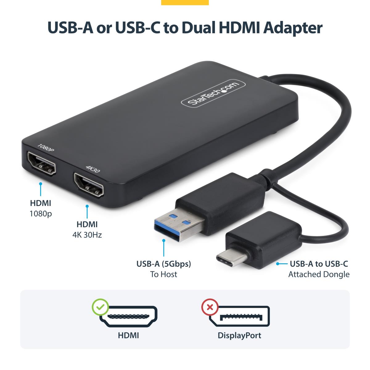 USB To Dual Hdmi Adapter - USB-a Or C 1x 4k 30hz 1x 1080p