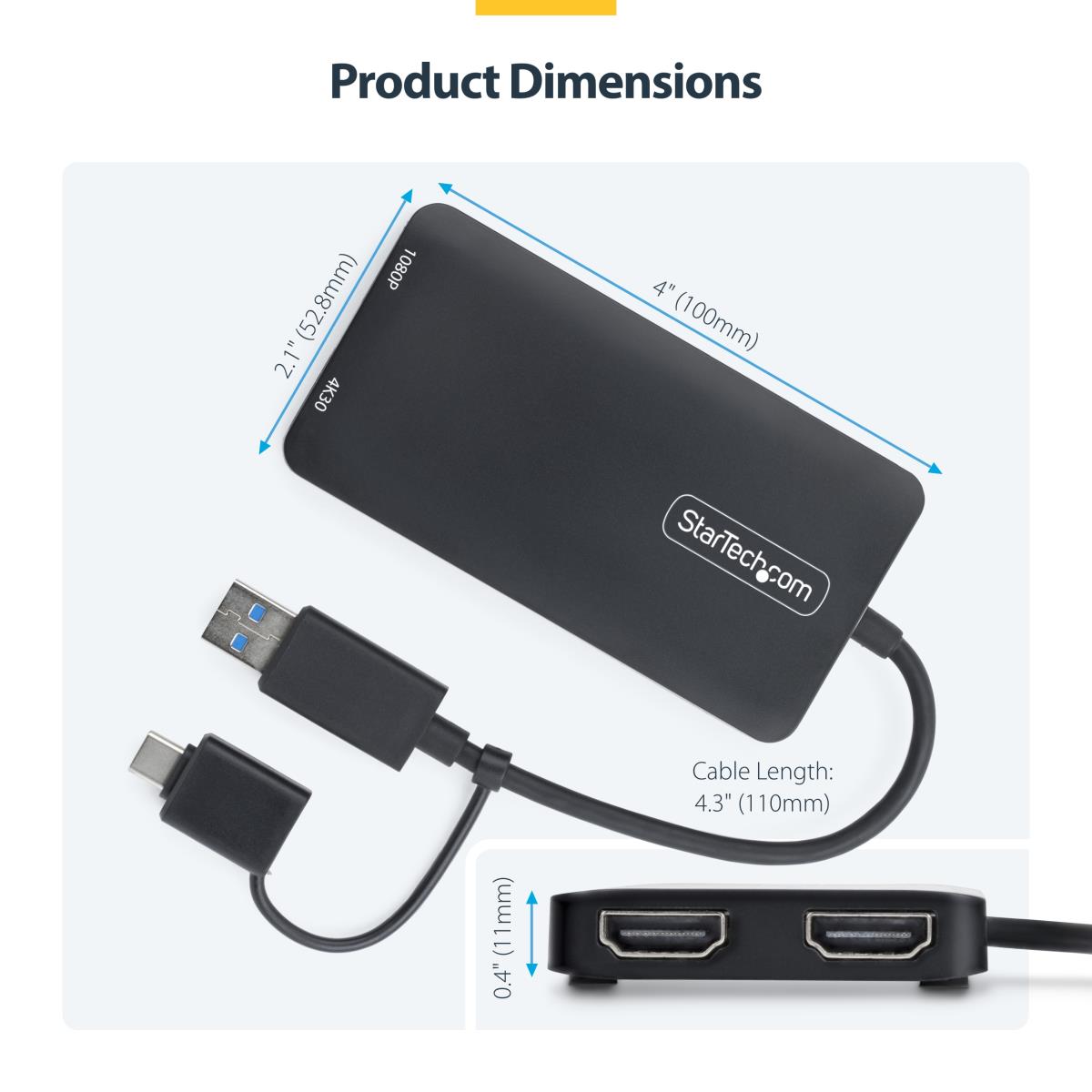 USB To Dual Hdmi Adapter - USB-a Or C 1x 4k 30hz 1x 1080p
