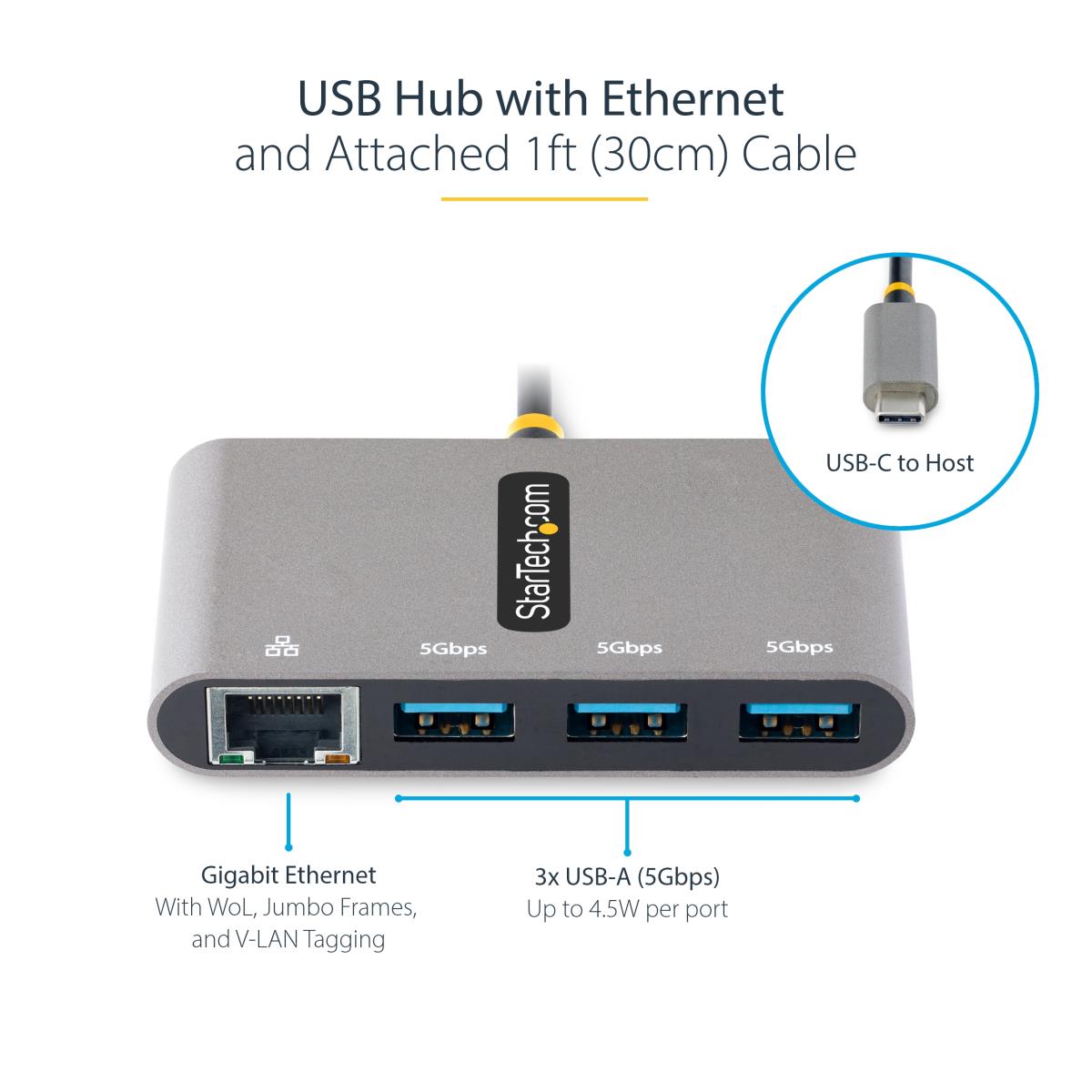 Hub Plus 3-port USB 3.0 Gigabit Ethernet - USB-c - White Bus-powered