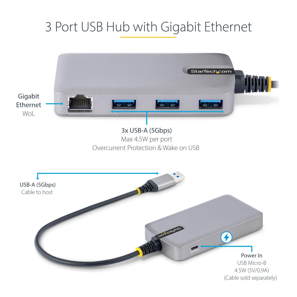 USB Hub W/ Gbe 3-port Portable USB Hub Adapter With Ethernet