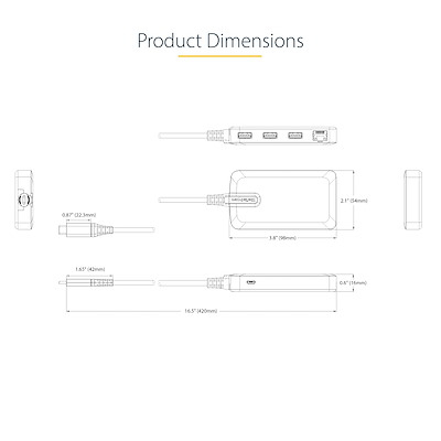 USB-c Hub - 3-port With Ethernet Portable USB Hub Adapter W/ Gbe