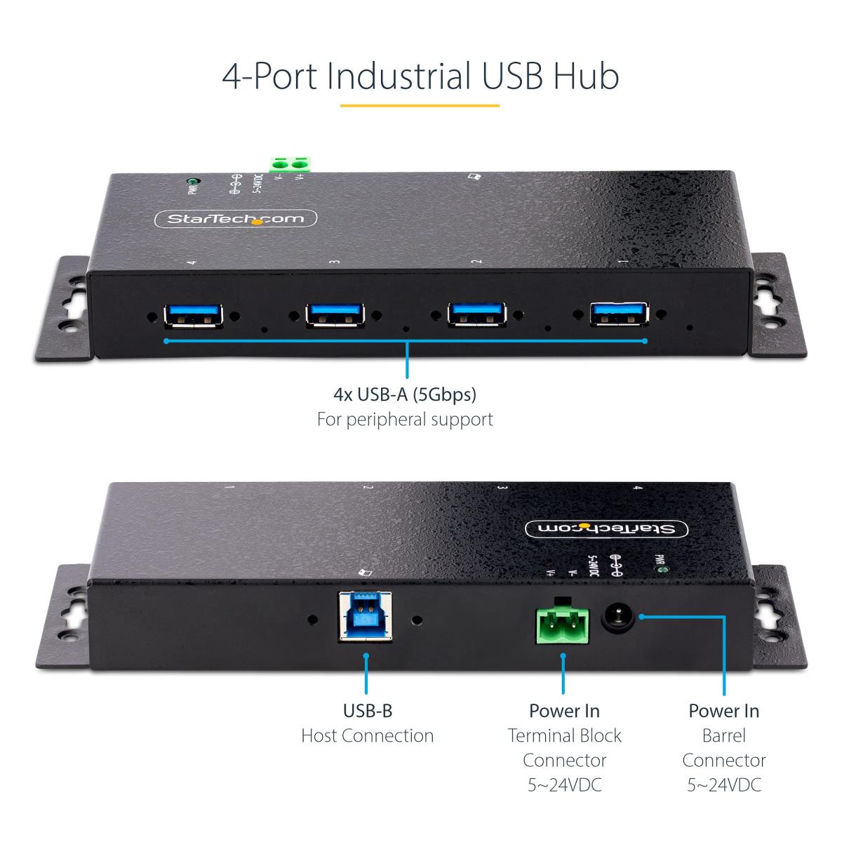 Industrial USB Hub - 4-port 5gbps USB-a Hub W/ Esd Protection