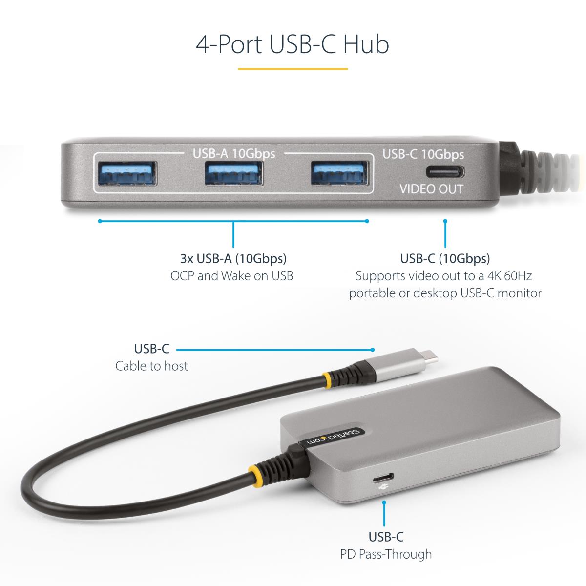 USB-c Hub 4-port W/USB-c Video 3x USB-a/1x USB-c For Laptops