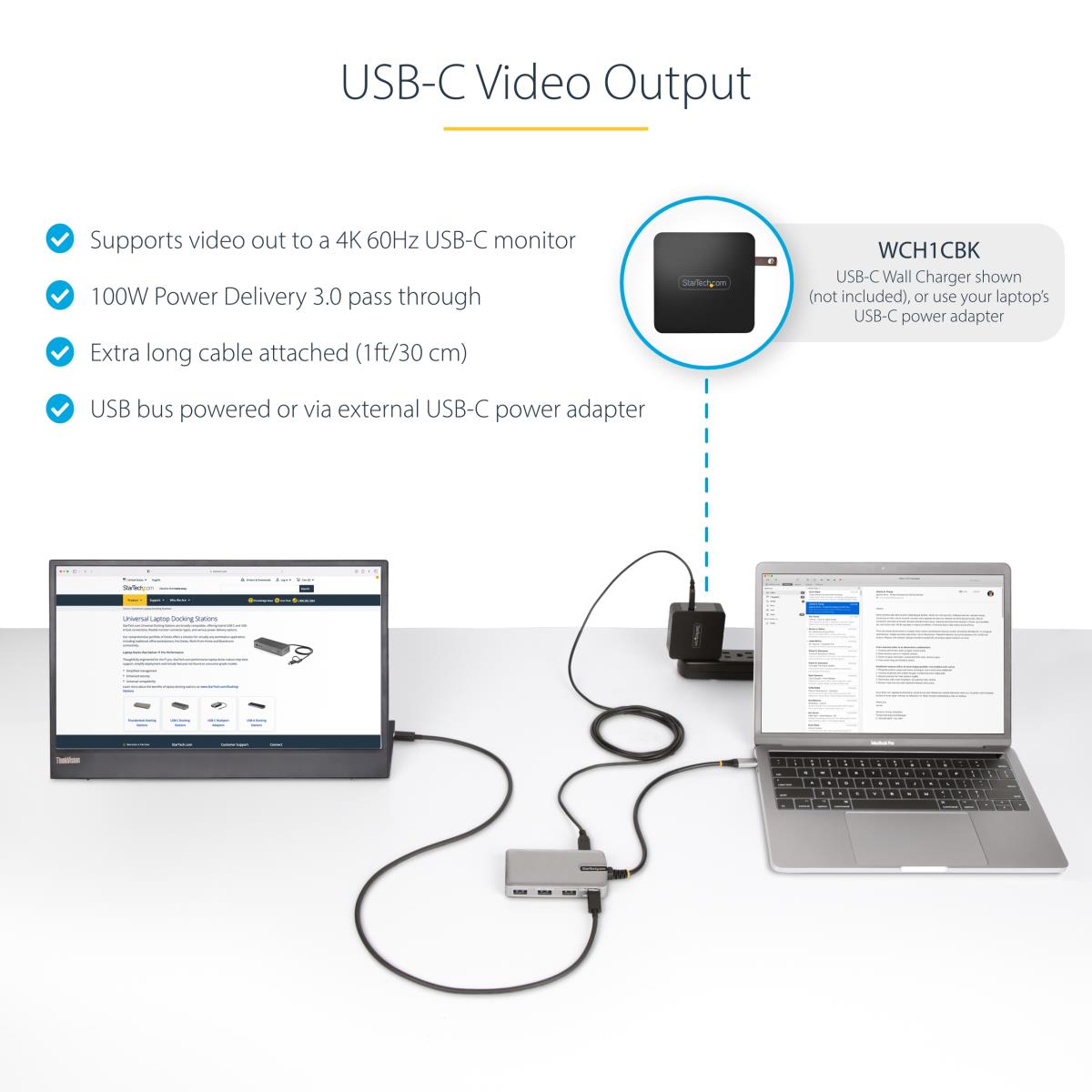 USB-c Hub 4-port W/USB-c Video 3x USB-a/1x USB-c For Laptops