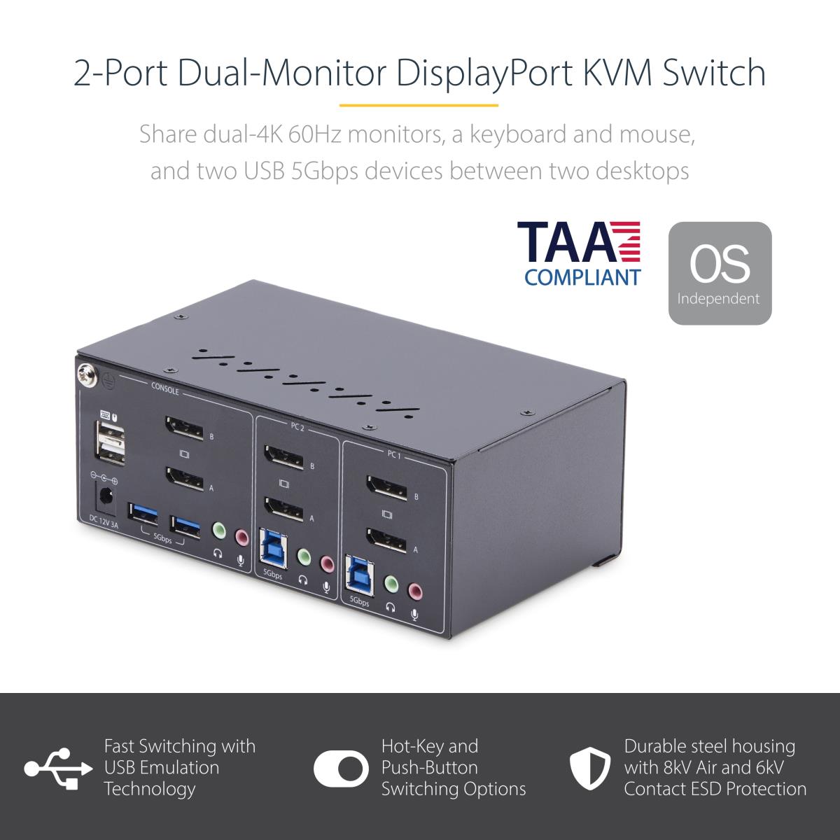 KVM Switch 4k 60hz Dual-monitor DisplayPort 2-port