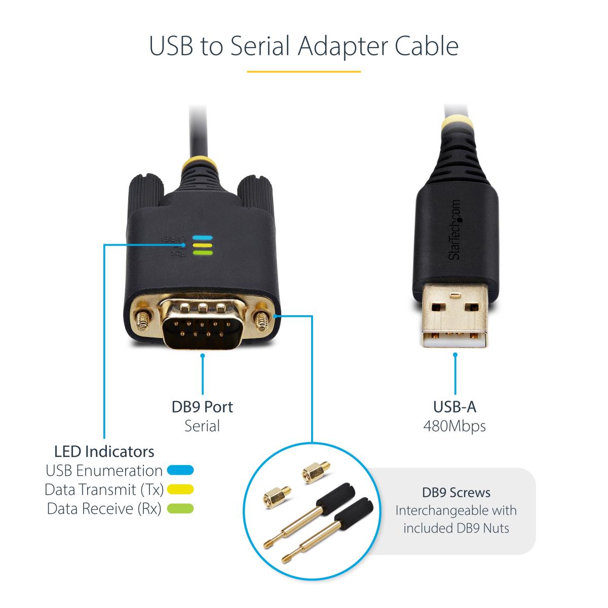 USB To Serial Adapter Cable Com Retention Interchangeable Screws/nuts USB-a To Db9 Rs - 1m