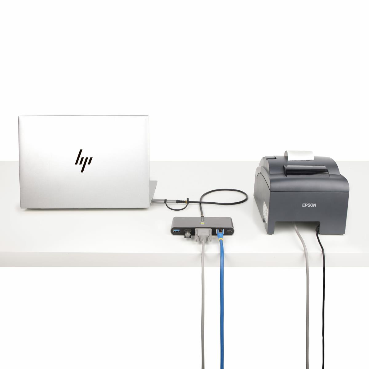 USB-c Hub With Ethernet And Rs-232, Attached USB-c To USB-a Dongle, 100w 2-port