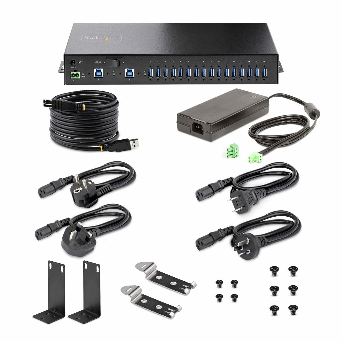 Industrial USB Hub - 16-port 5gbps With Power Adapter Metal Enclosure Mountable Esd Protection Termina