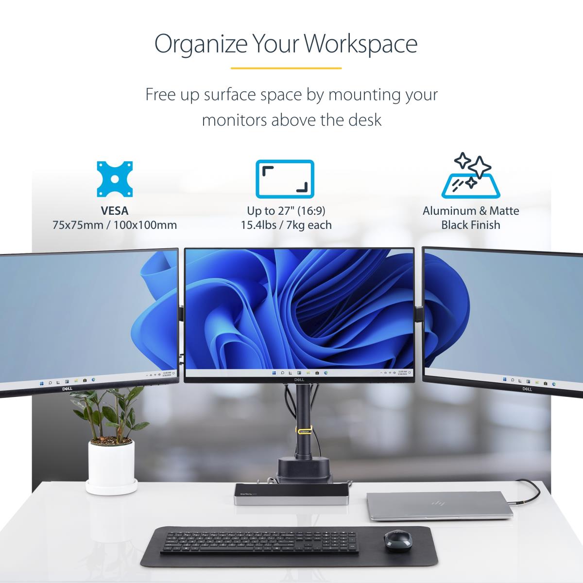 Triple Monitor Desk Mount For Up To Three 27in Screens, Vesa 75x75/100x100, Tool