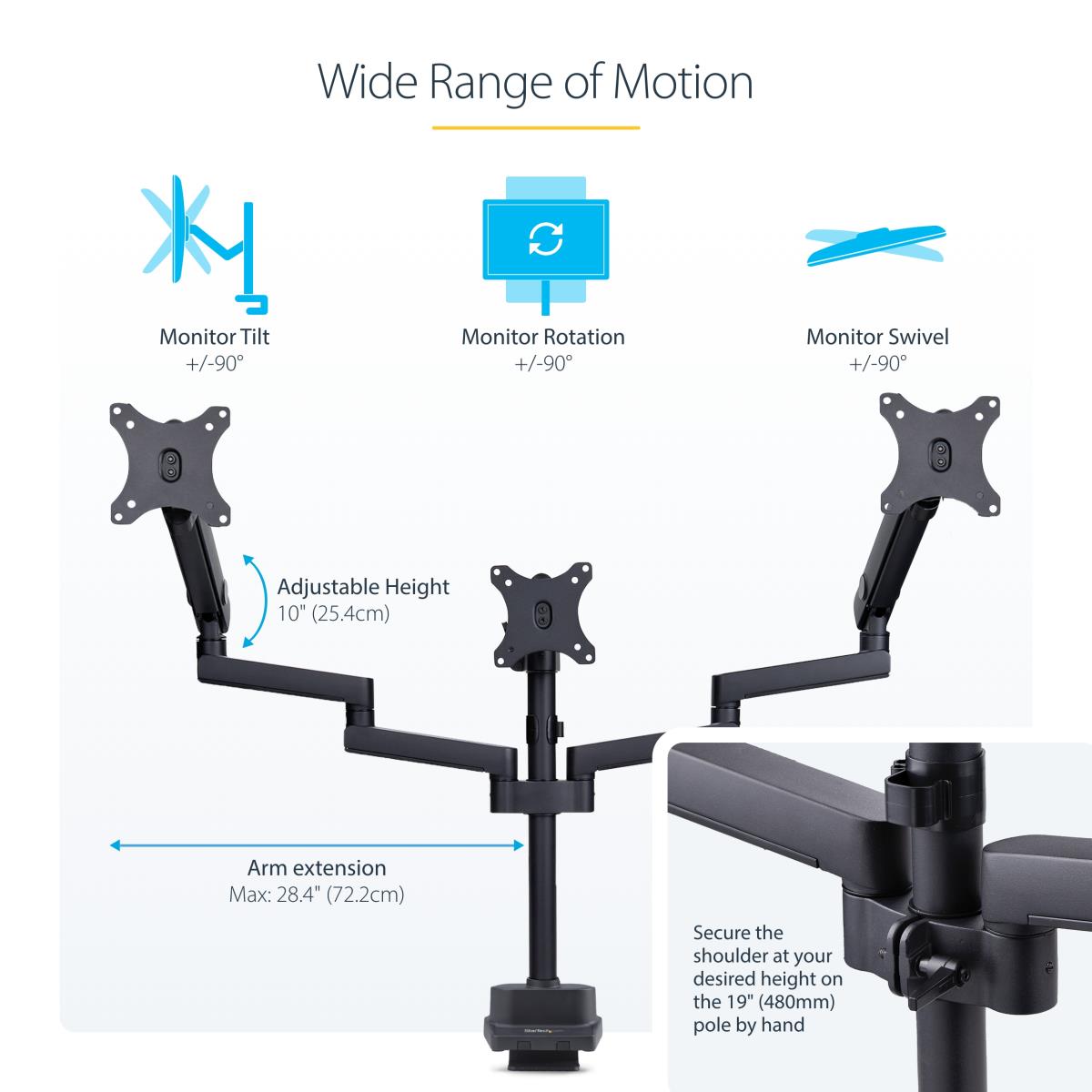 Triple Monitor Desk Mount For Up To Three 27in Screens, Vesa 75x75/100x100, Tool