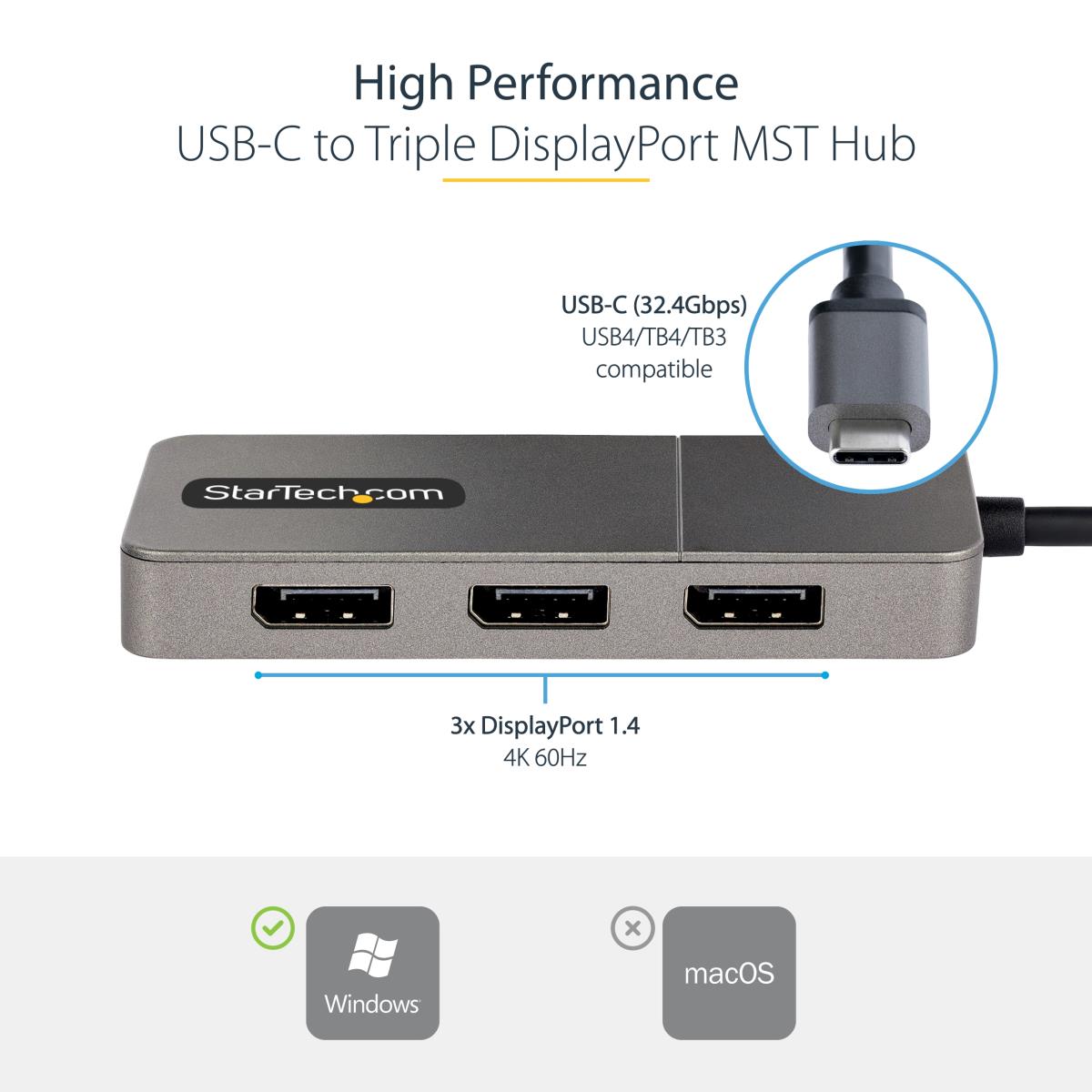 USB-c To Triple Dp Mst Hub - DisplayPort 1.4 4k 60hz