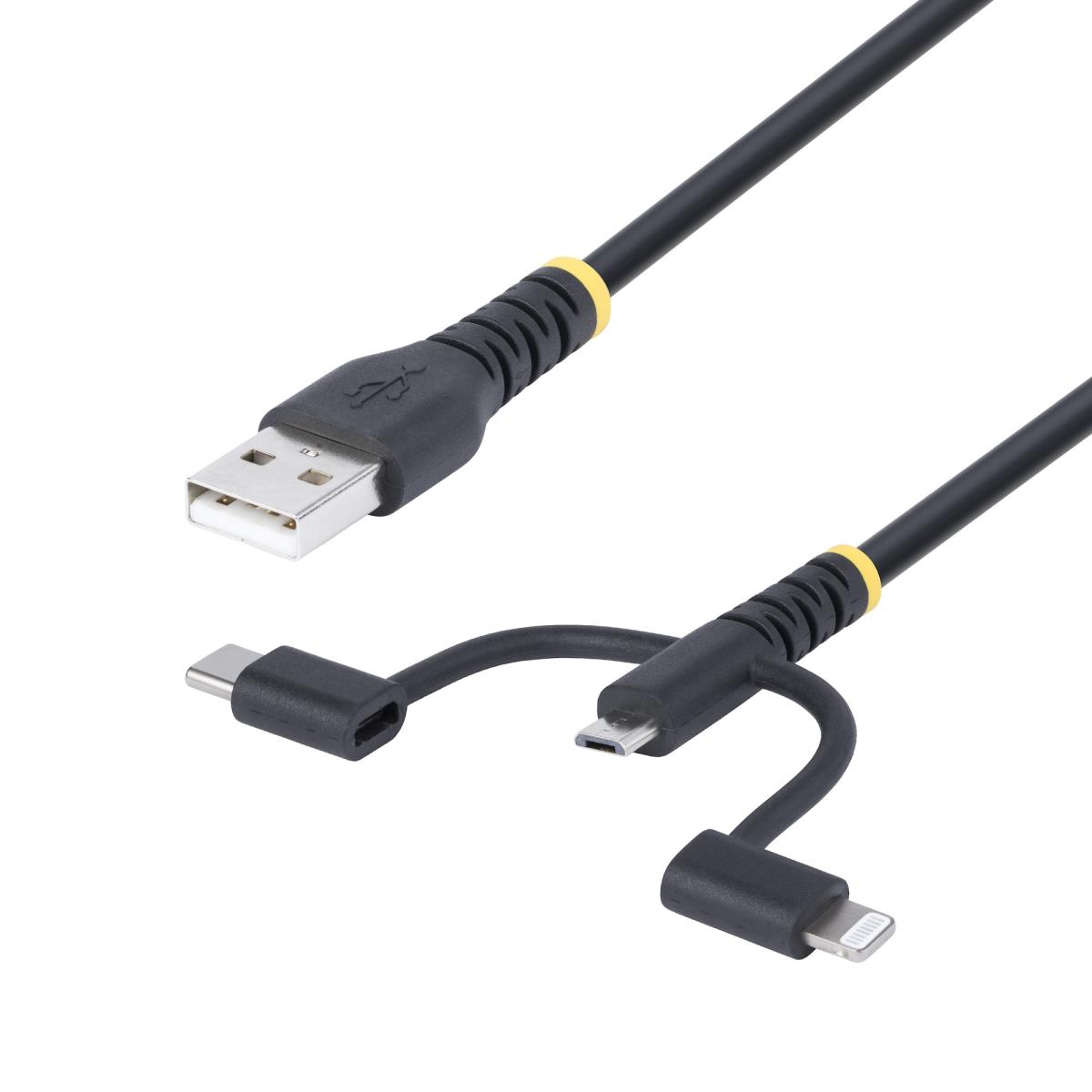 Rugged Multi-charger Cable - USB-a To Lightning/ USB-c/micro-b - Black - 1m