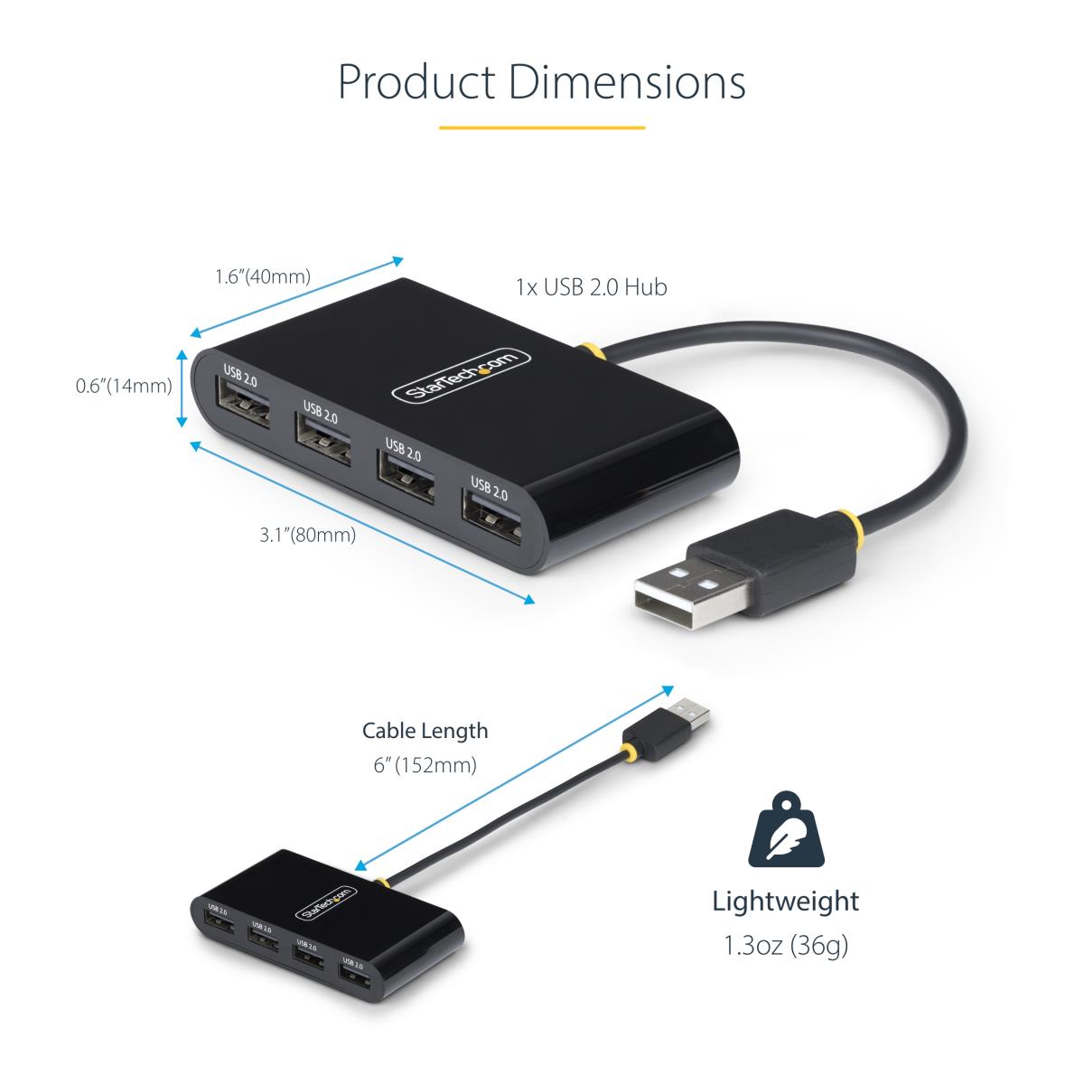 Portable Hub - 4-port USB 2.0 With Built-in Cable